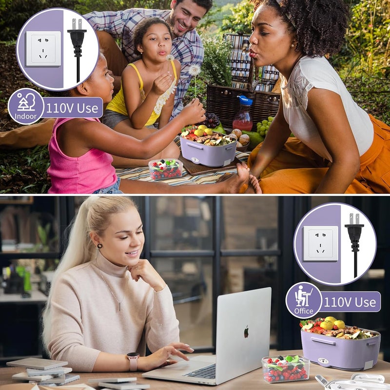 Vingud Electric Lunch Box, 3 in 1 Heated Lunch Box for Adults, Portable Heating Lunch Boxes for Car/Truck/Work/Home with 1.5L Removable Stainless Steel Container, 110V 24V 12V, Light Purple - Image 2